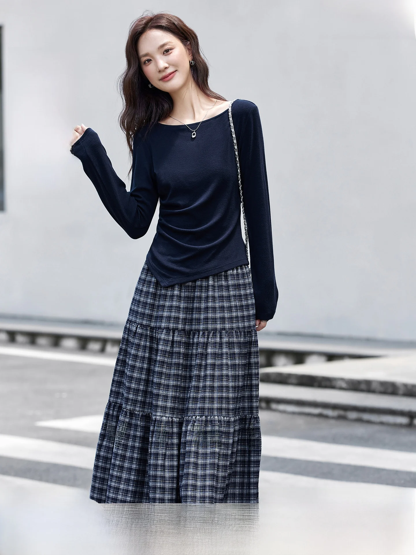 

Faionable Casual Women's Plaid Two-Piece Set oulder Bared Long Skirt Spring Autumn High Elastici Regular Sve Length