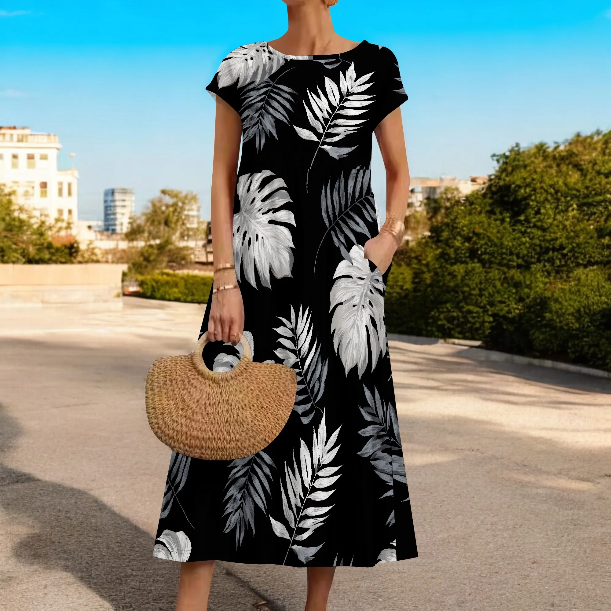 Abito lungo da donna a maniche corte casual estivo ampio tinta unita comodi abiti lunghi con tasche