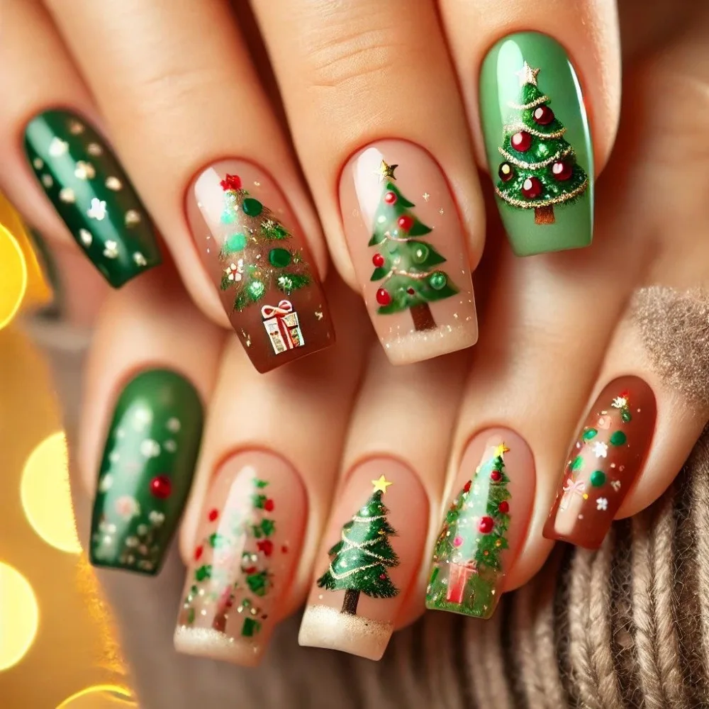 

24 Pcs Christmas Nail Tips Press on Nails Acrylic Fingernails Fake with Charms False Nails for Girls Sticky Nails with Glue 2025