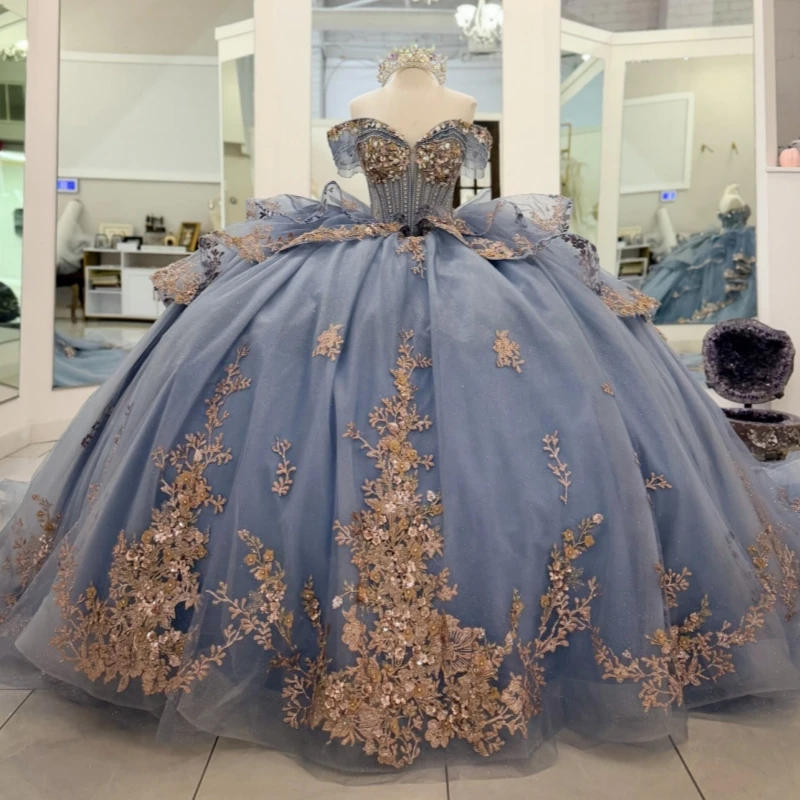 

Sea Blue Shiny Quinceanera Dresses Off The Shoulder Gold Applique Lace Beads Bow Tull Corset Party Birthday Sweet 16 Dress