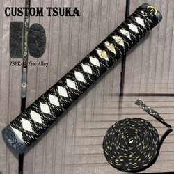 Custom Wooden Tsuka,For Full Tang Blade Of Japanese Katana,Sword Accessories,Black Gold Silk Ito,Free Choice Fuchi Kashira