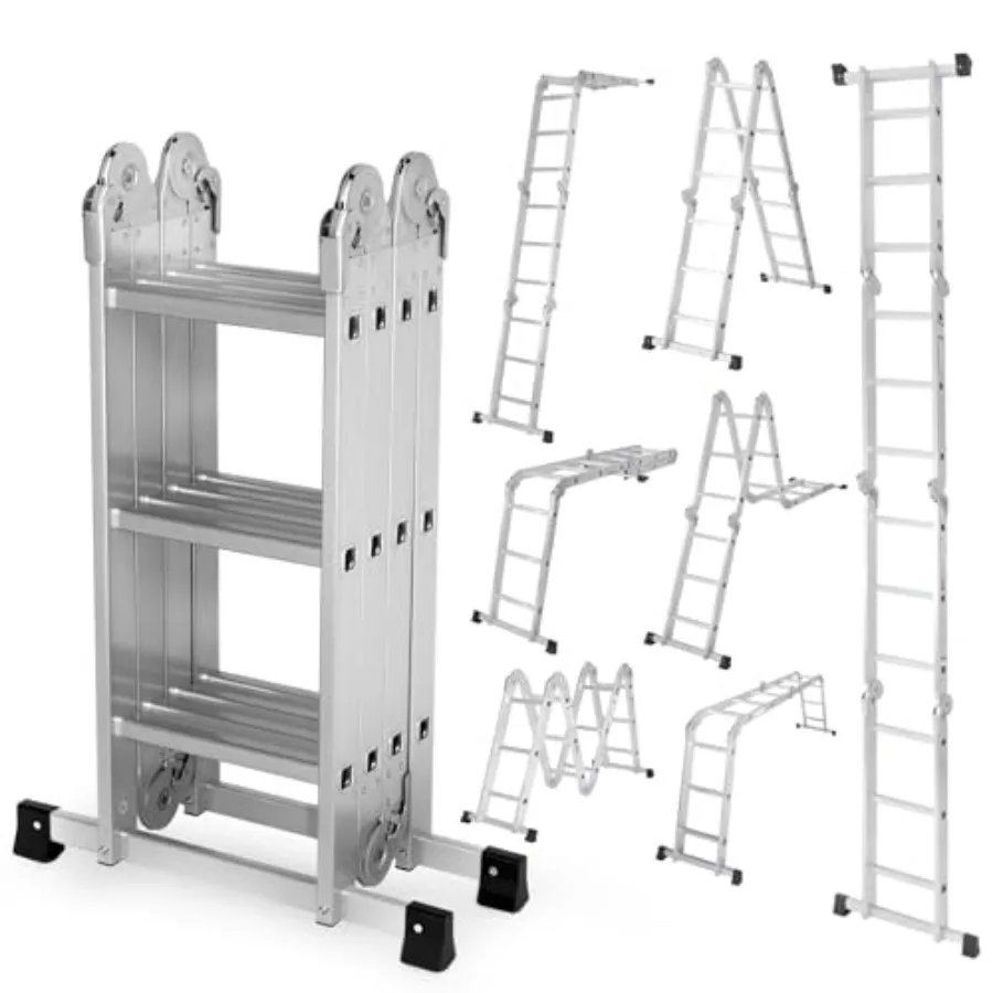 

Multi-Purpose Folding Ladder, 7 in 1 Aluminium Heavy Duty Collapsible Tall Extension Adjustable Step Ladder for Home Roof RV Wo