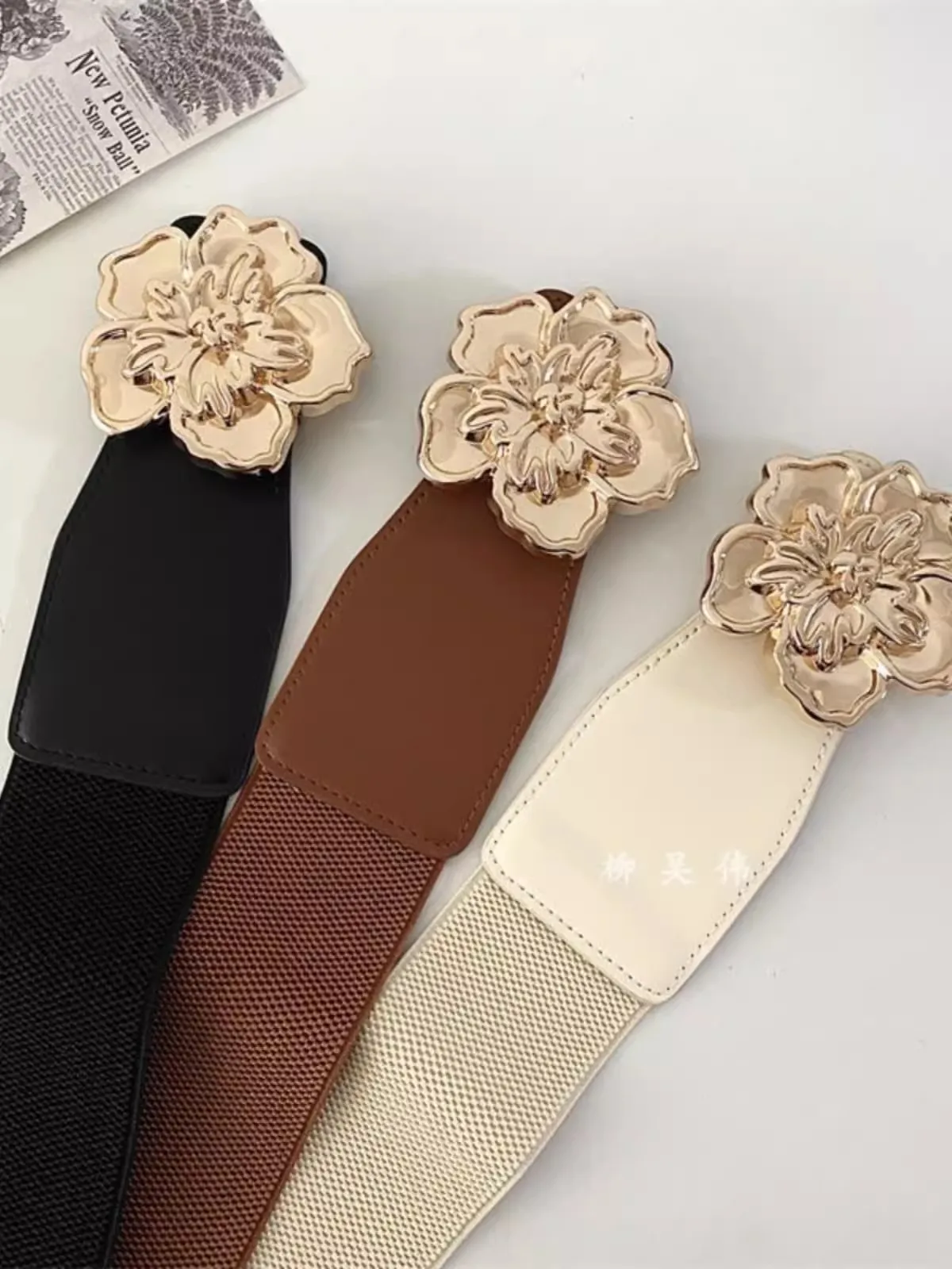 Women's Fashion Flower Buckle PU Leather Elastic Corset Female Cummerbund Coat Waistband Dress Decration Wide Belt  J288