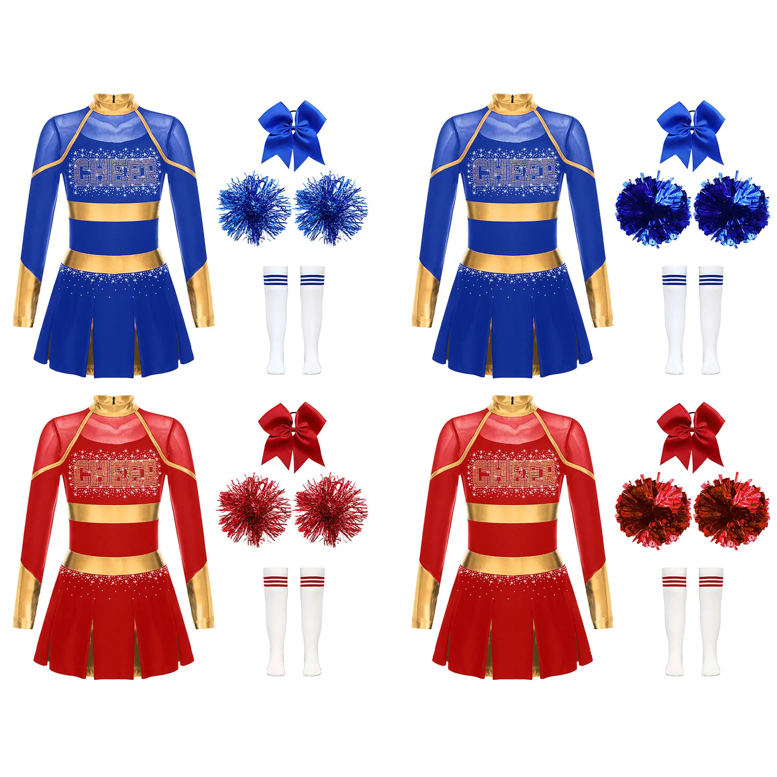 Cheer Leader Costume para Meninas, Vestido de Torcida Esportiva, Cheer Dress, Uniforme de Dança Metálico, Bow Headband, Meias