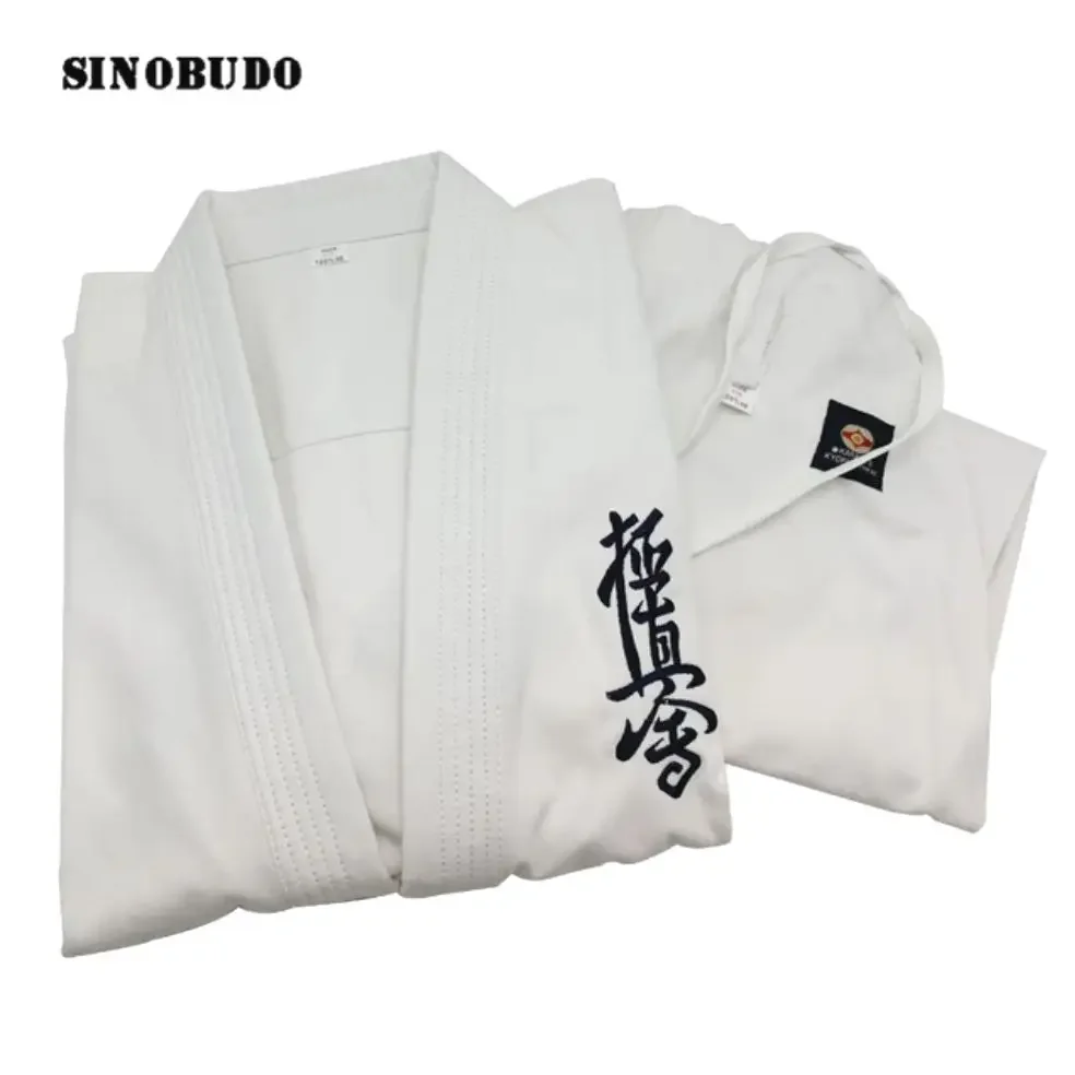 Hochwertiger Kyokushinkai Dobok 12oz 100 % Baumwolle Dogi Canvas Karate Uniform Kimono Gi Tuch für Kinder Erwachsene, kostenloser weißer Gürtel