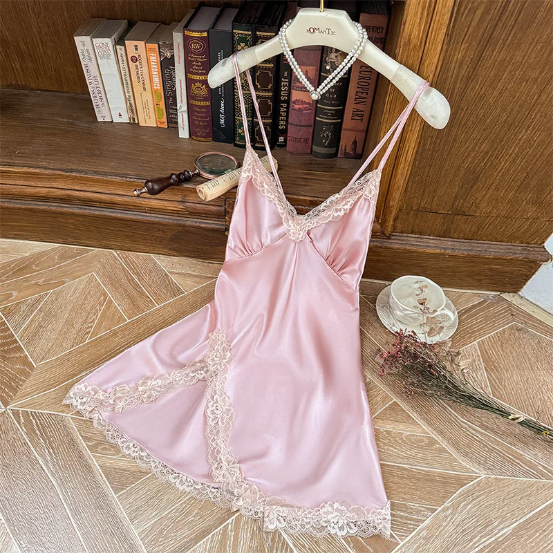 Summer Sexy Women's Imitation Silk Suspender V-Neck Sexy Dress Sleeveless Lace Edge Bathrobe Pink Thin Comfortable Home Wear