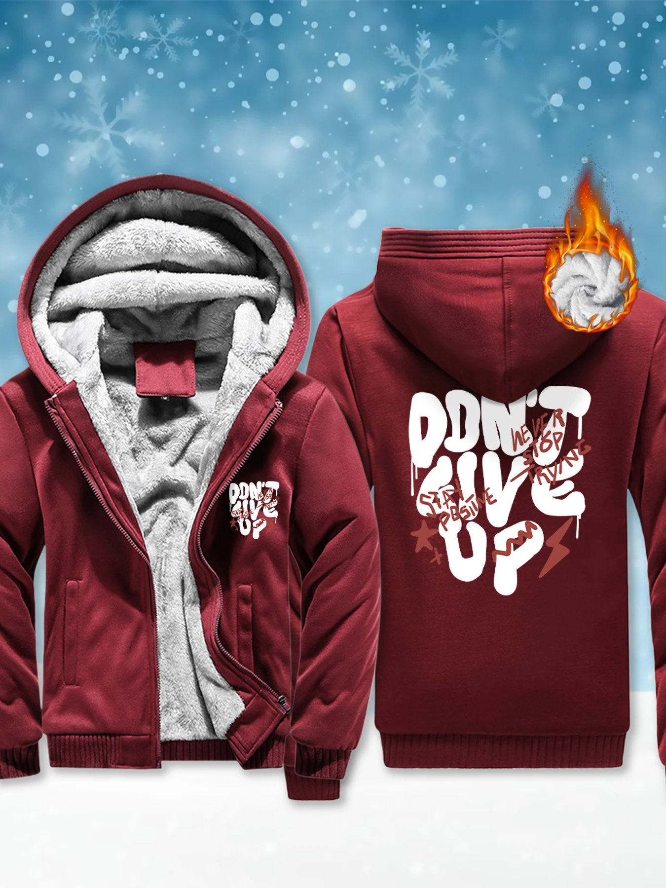 

Don't Give Up Print Mans Streetwear Comfortable Warm Zipper Jackets High Quality Outdoor Hooded Jacket Winter Fleece Clothing