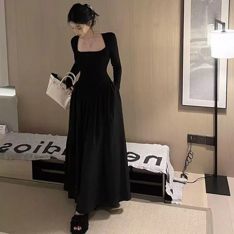 Korean Fashion High Waist Long Dress Ladies Sexy Slim Low-Cut Square Collar Black Dresses Women Elegant Spliced A-Line Dress