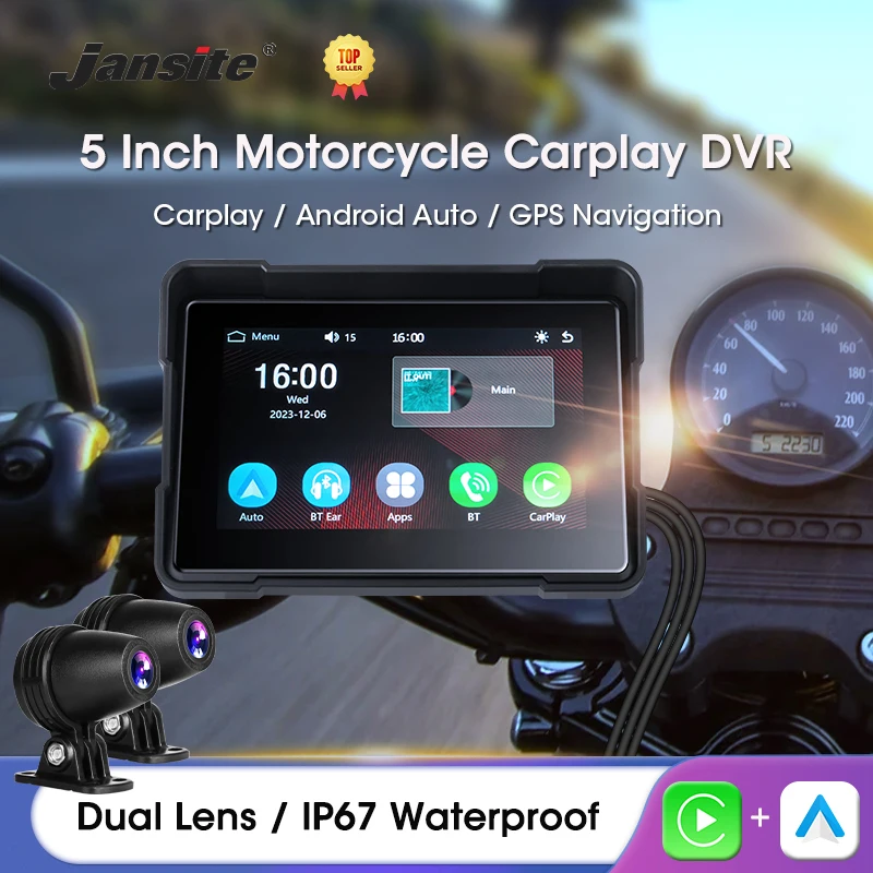 

Jansite 5" Motorcycle DVR Front and Rear Camera Dash Cam Wireless Carplay Android Auto GPS Navigation Bluetooth IPS Screen DVRS