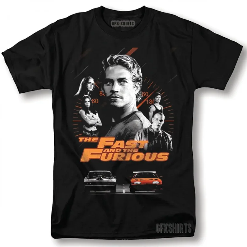 Men's Fast and Furious Retro Graphic T-Shirt- Black Vintage Movie Poster Design with Red Text and Character Art