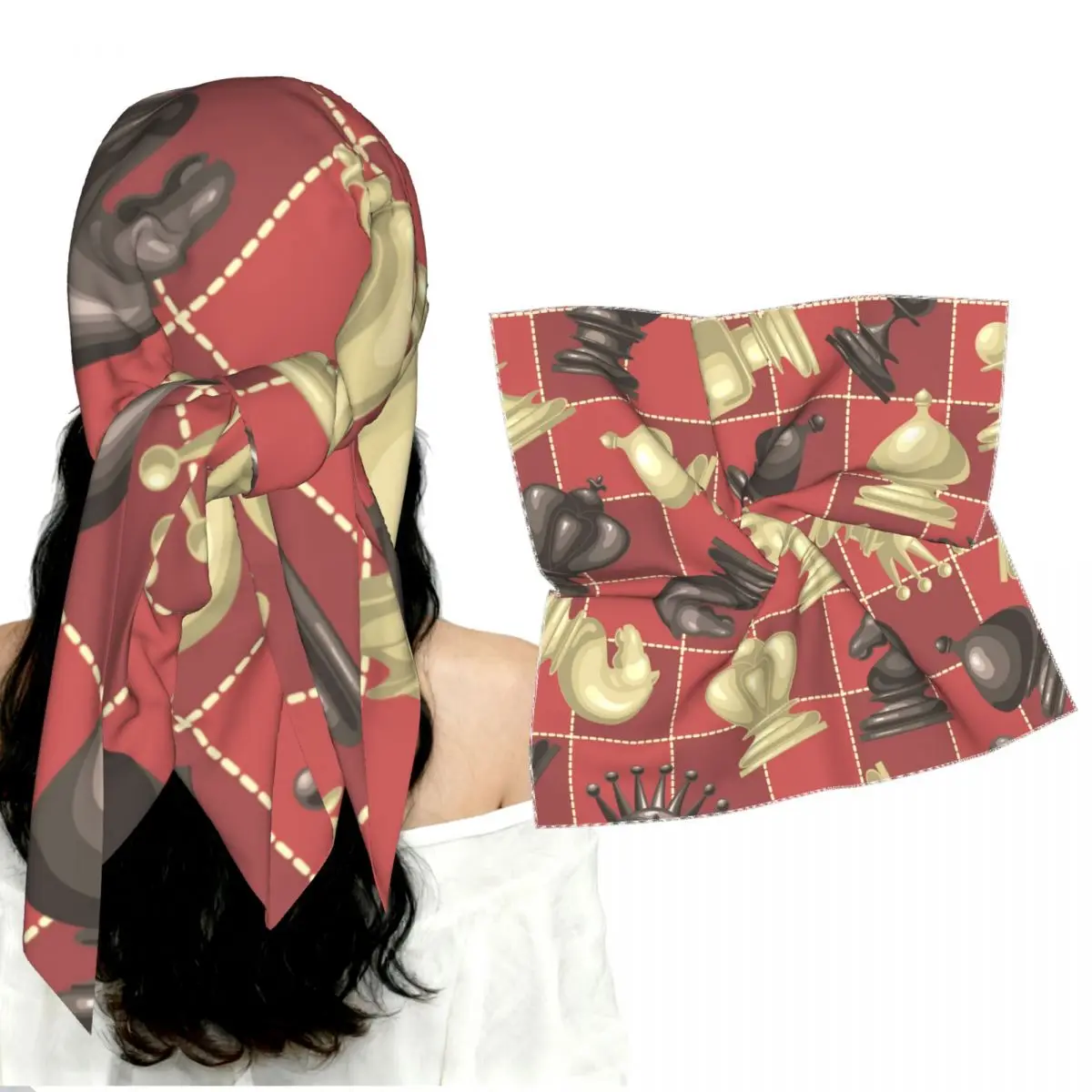 Women Imitation Silk Square Scarf Chess Pieces On Chessboard Smooth Satin Kerchief Neck Scarf Head Wrap Bandana Lady Shawl Gift