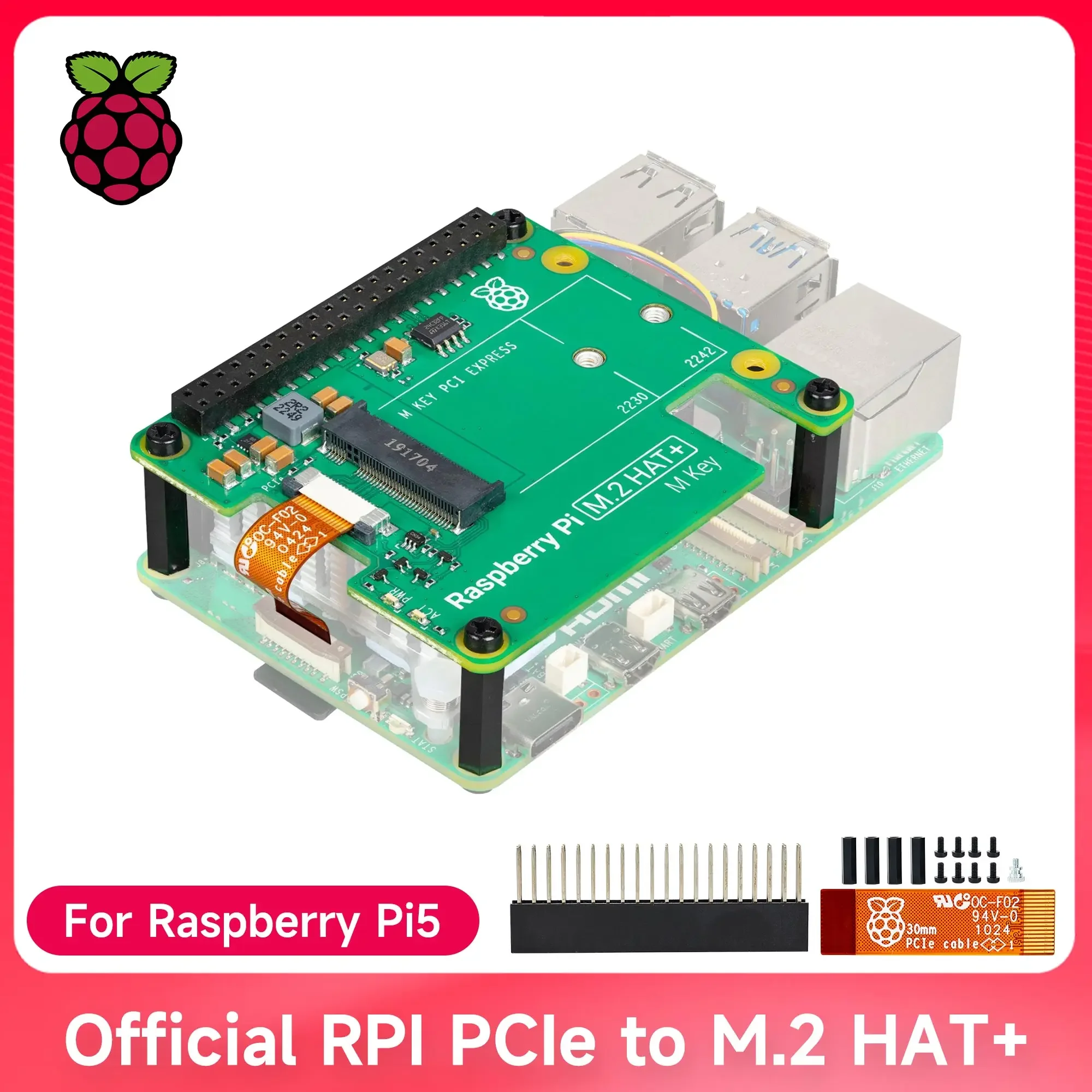 

Официальный твердотельный накопитель Raspberry Pi 5 M.2 HAT+ Gen2 Gen3 NVME M.2 размером 2230/2242 с поддержкой активного охладителя для RPi 5