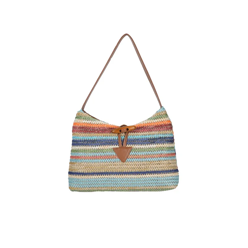 Summer New Straw Braided One Shoulder Underarm Bag Women's Rainbow Stripe Single Shoulder Bag Bohemian Style Hand Carry Bags