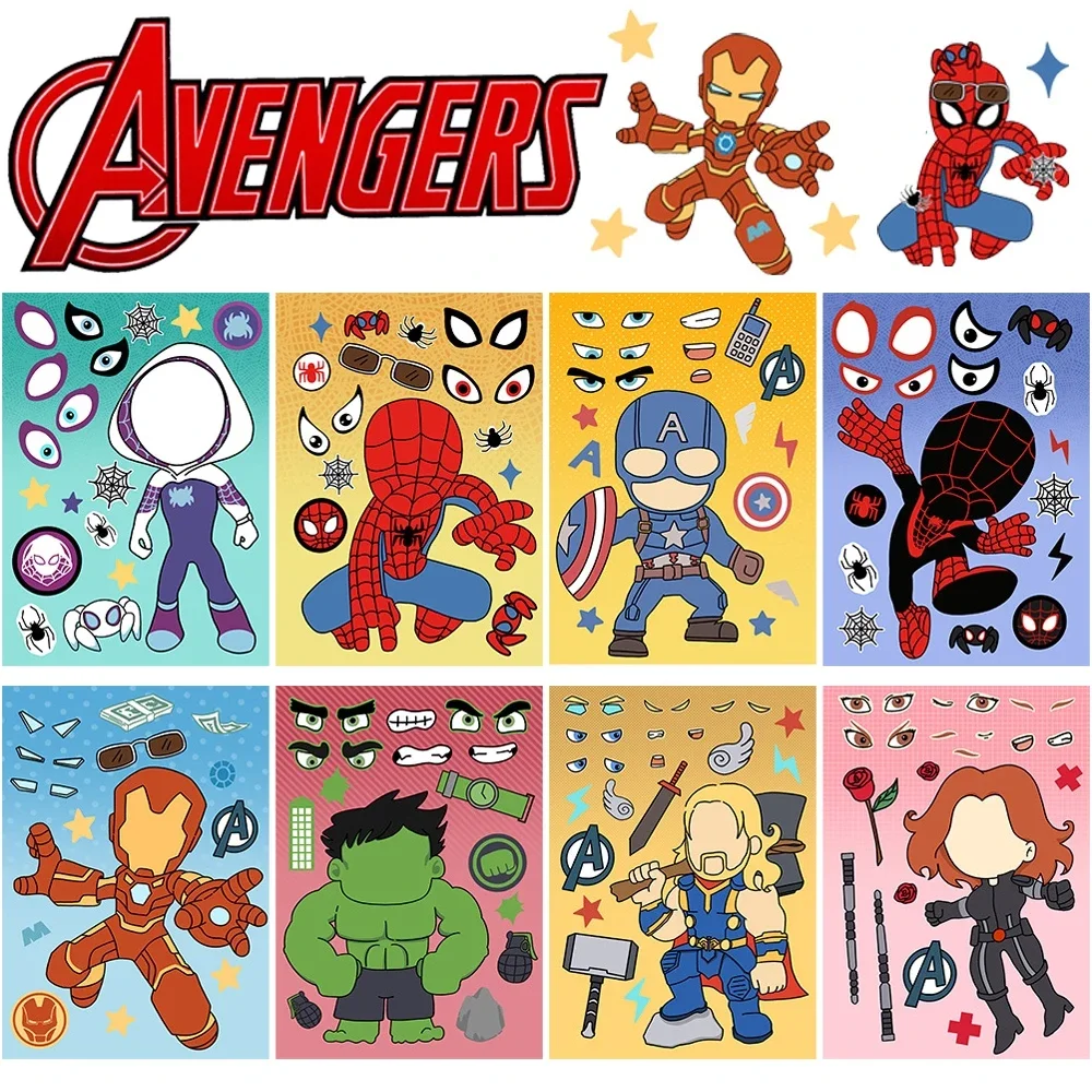 8/16Sheets Disney Marvel Spiderman Puzzle Stickers Make a Face Iron Man Sticker Kids DIY Notebook Children Assemble Jigsaw Toys