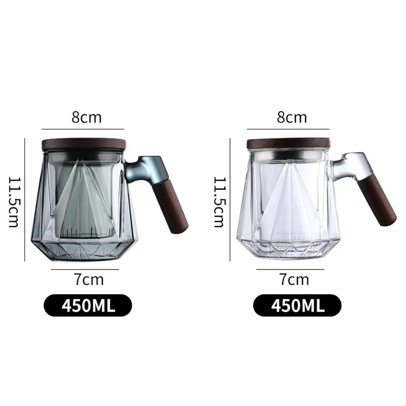 450ml Diamond Shape Heat-Resistant Glass Tea Cup With Walnut Wooden Handle Lid Inner Filter Flower Tea Water Separation Tea Mug