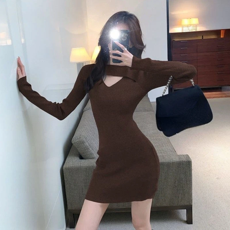 

Winter Dress Round Neck Knitted Hollow Out Party Dress Soft Warm Lady Long Sweater Elegant Female Basic Casual Dresses V18