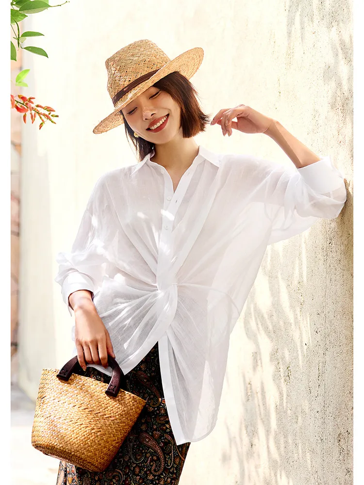 

Ультратонкая женская рубашка из конопли с защитой от солнца, приталенного кроя, с завязками на талии, скрывающими недостатки фигуры, для комфортного повседневного ношения, с охлаждающим эффектом