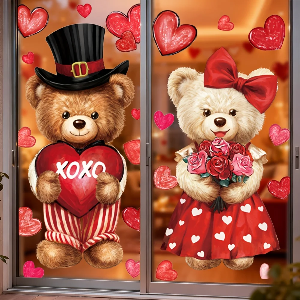 1 Set Valentinstag Teddybär mit Blume Elektrostatischer Fensteraufkleber Valentinstag Atmosphäre Dekoration