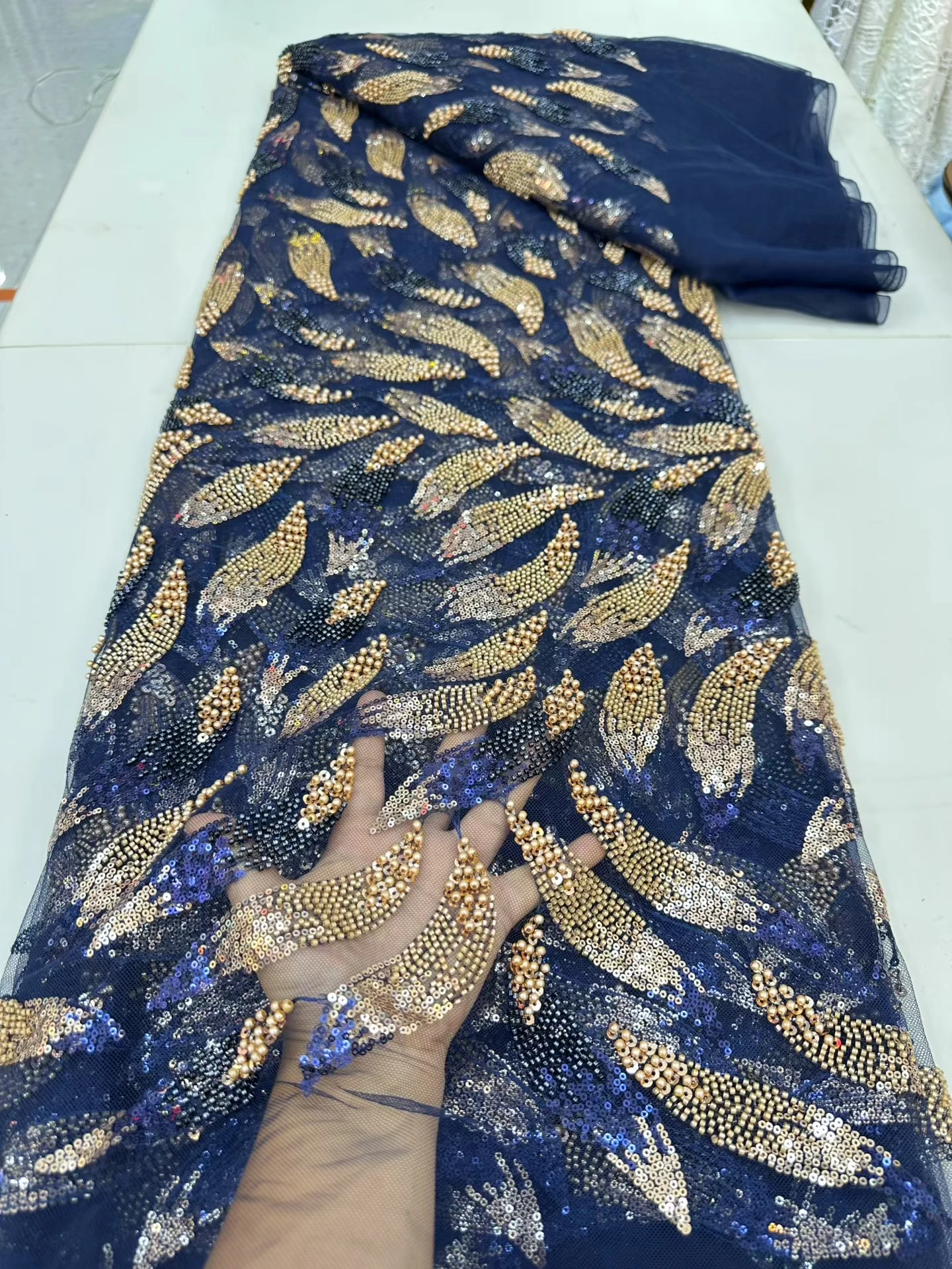 5 Yards Luxurious African Groom Sequins Lace Fabric High Quality French Embroidery Heavy Beads Lace Nigerian Sewing Gold Hm66-1