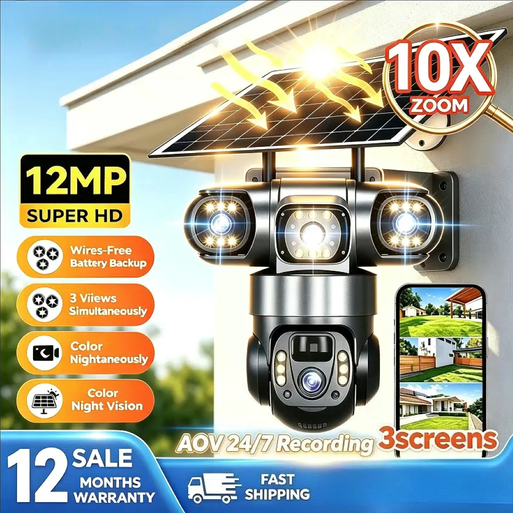 Upgrade AOV 4G Sim Solar Camera Three Screen Auto Tracking Auto Tracking Wireless WiFi Solar Camera V380 Pro