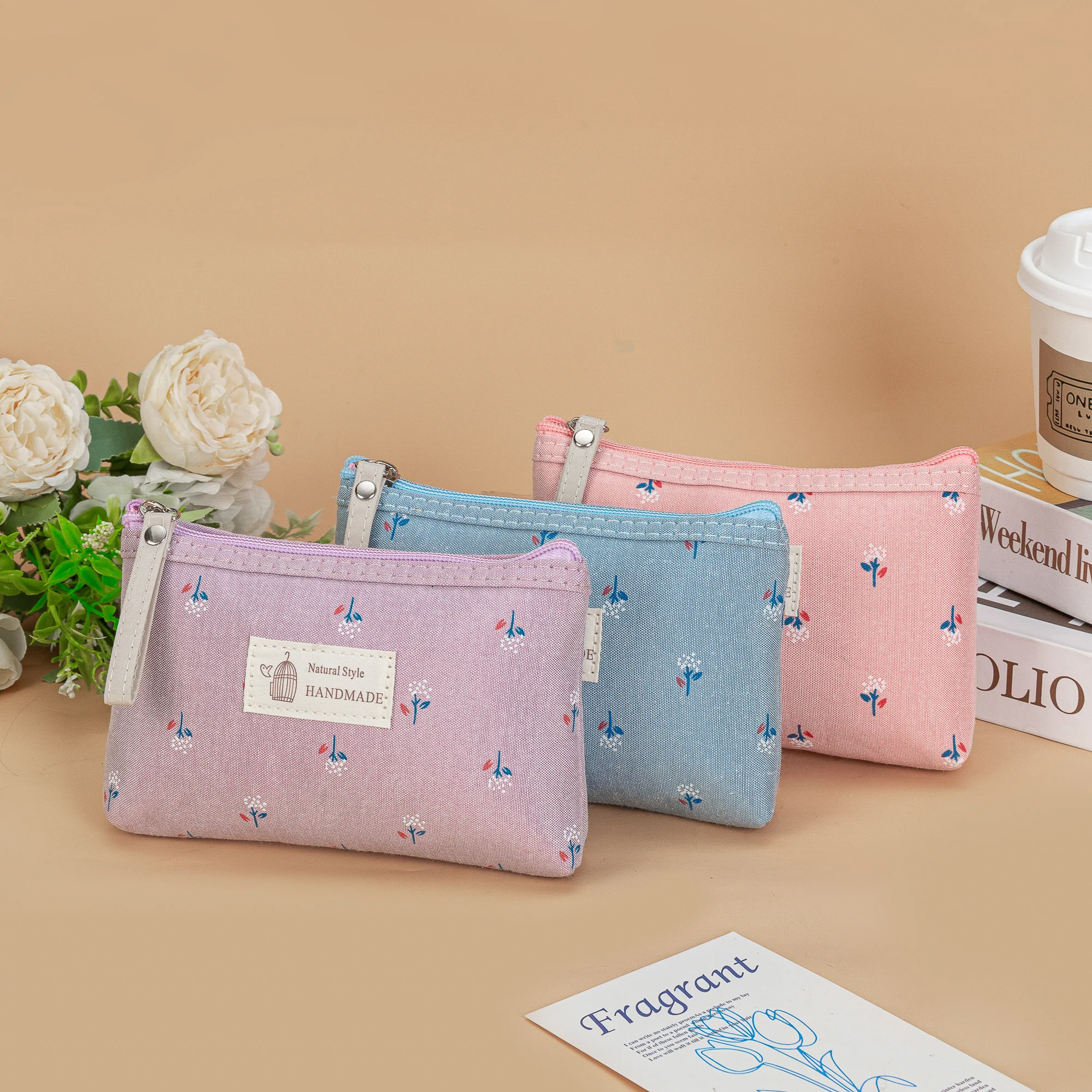 Printed canvas waterproof cosmetic bag three-piece portable zipper toiletry bag multifunctional student pencil case