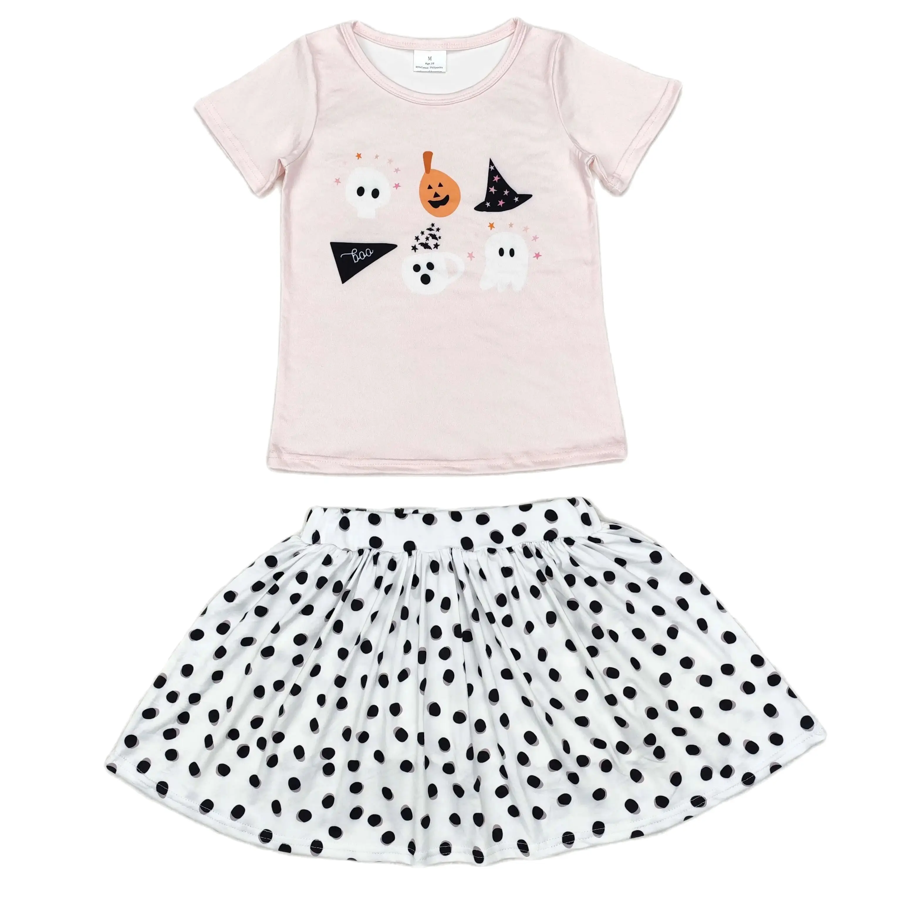 

Wholesale Baby Girl Halloween Outfit Toddler Short Sleeves Pink Ghost Pumpkin Shirt Kids Ruffle Shorts Children Summer Dress Set