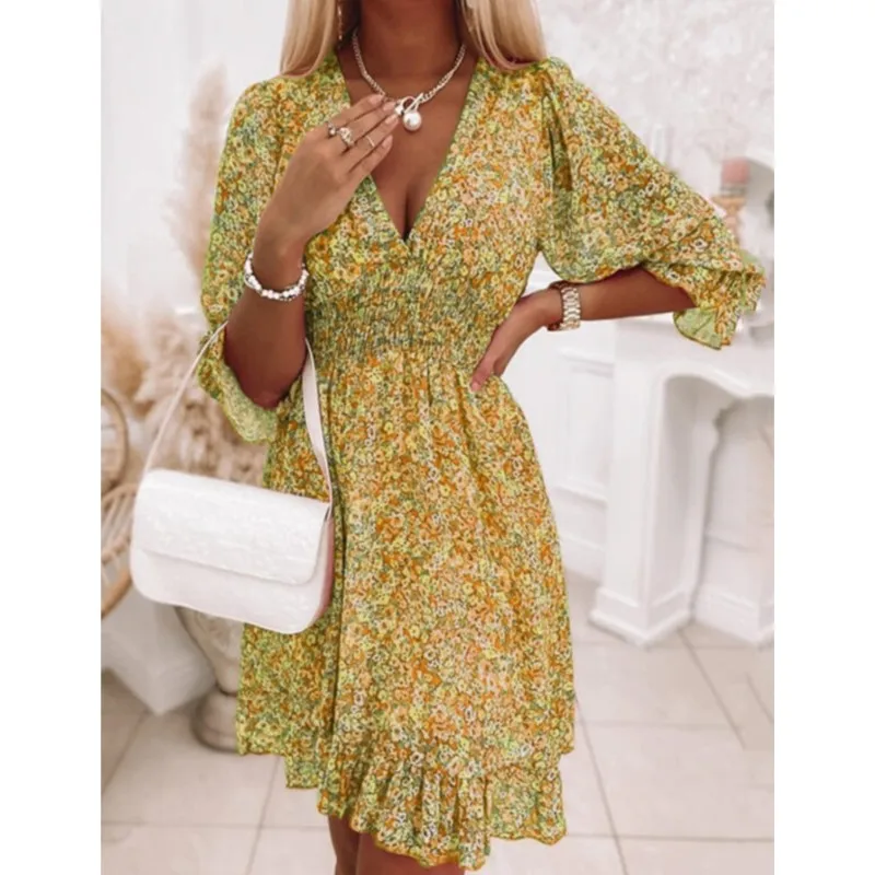 Women Summer Fashion Bohemian Dresses 2025 Summer Waist Pullover Deep V Neck Beach Dress Printed Short Sleeve Floral Vestidos