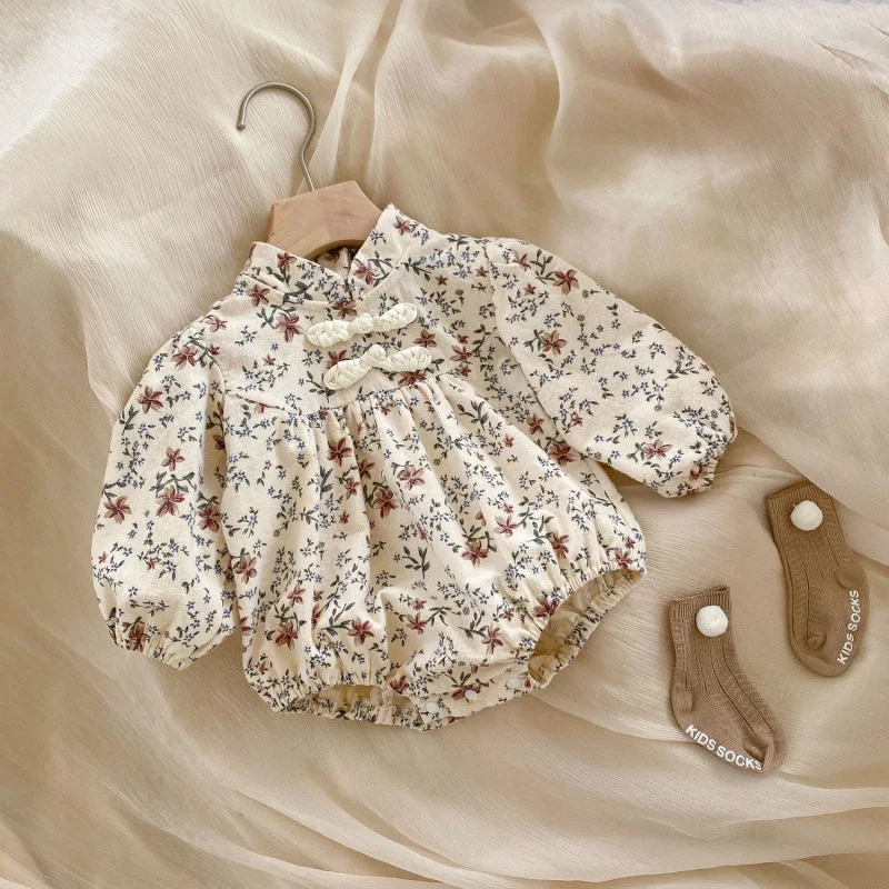

Autumn 2025 New Style Baby Girl Long Sleeve Loose Romper Suit Floral Print Bottom Covering Clothes for Crawling Toddler Girls