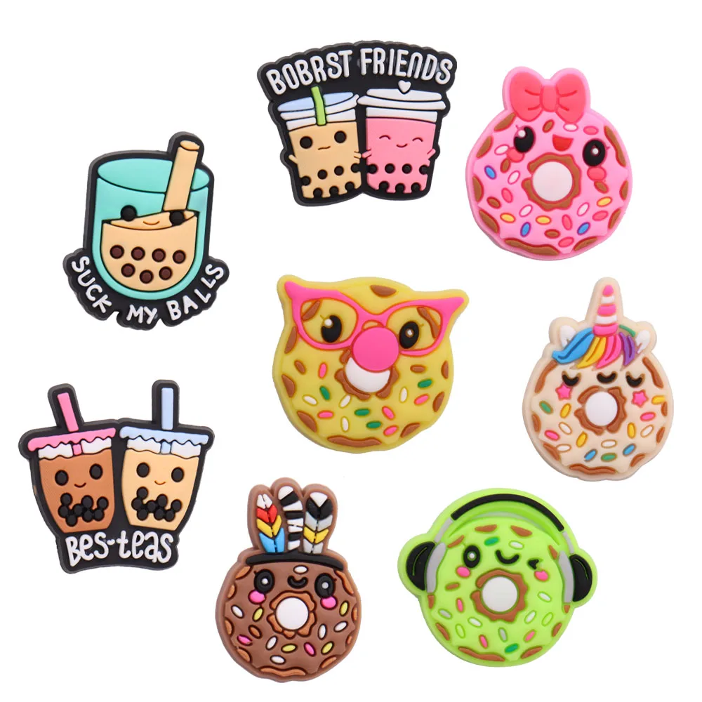 1pcs PVC Drinks Shoe Charms Buckle Food Donuts Glasses Bow Suck Sandals Shoes Decoration Fit Wristbands Hole Slipper Accessories