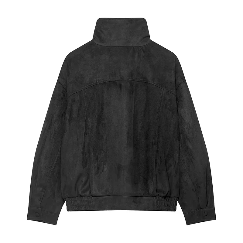 YENKYE New Women Autumn Winter Warm Faux Suede Bomber Jacket Stand-up Collar Long Sleeves  Black Streetwear Coat Loose Outerwear