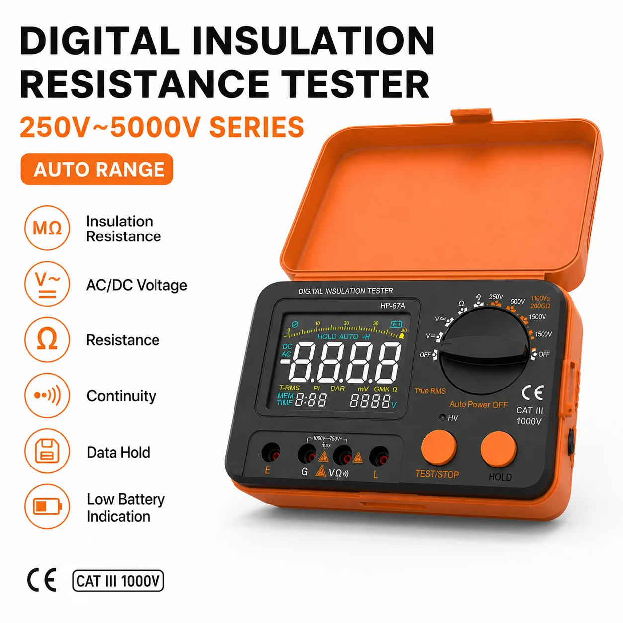 Insulation Resistance Tester 250V-5000V Auto-Ranging 100GΩ Megohmmeter with Analog Bar & Data Hold for Motor Cable