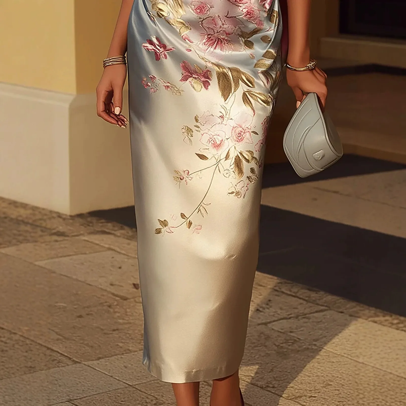 Prom Dress Wedding Guest Elegant Party Long Satin Printed Maxi Dress One Shoulder Gradient Color Ruched Waist Evening Dress - view 4