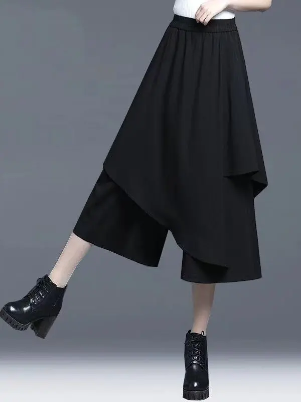 Black Wide Leg Pants Women's Summer Thin Casual Loose Slimming Stylish Hong Kong Style Seven-Foot Skirt Pants High Waist Elastic