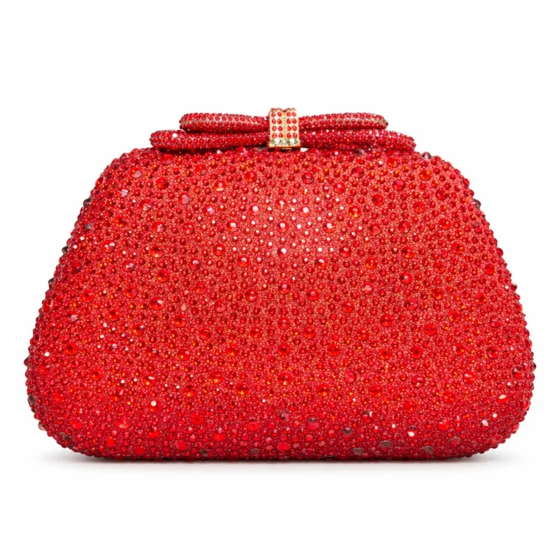 Luxury Sparkly Red Rhinestone Clutch Purse Bling Bow Crystal Clasp Hard Evening Bag Wedding Anniversary Gala Diamond Handbag