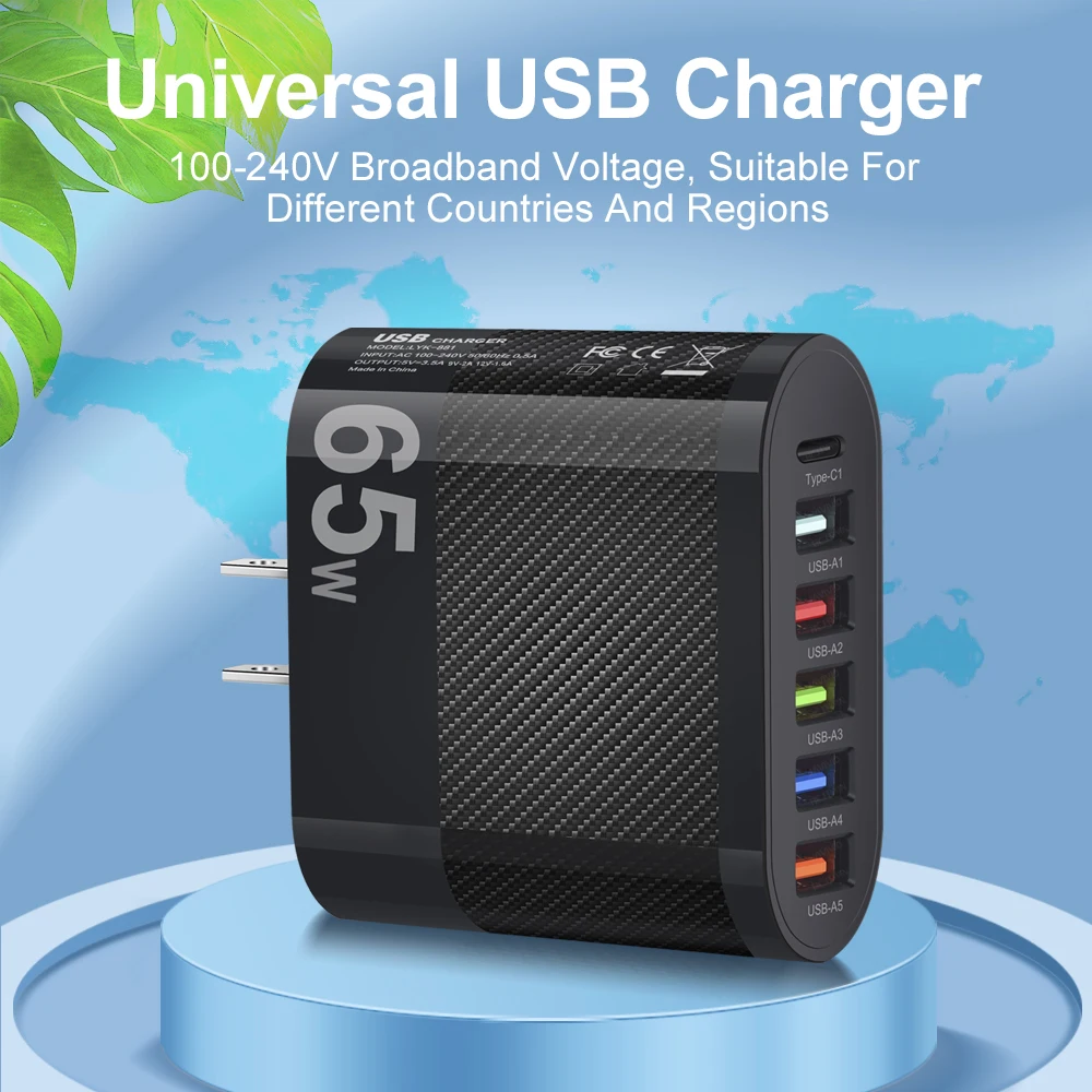 65W 6 Ports USB Charging Mobile Phone Adapter Type C Charger for iPhone Xiaomi Samsung Oneplus Wall Charger Phone Power Adapter