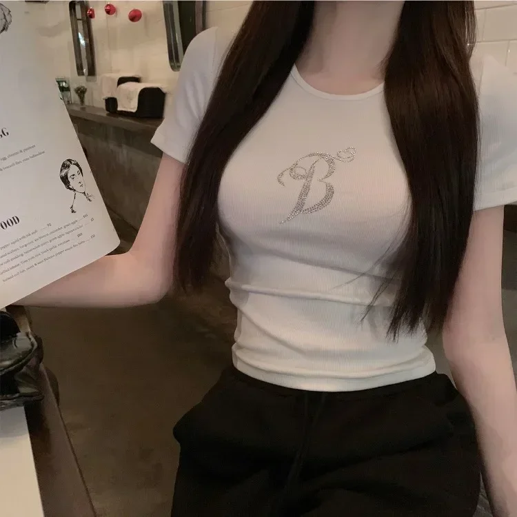 Koreaanse Engelenvleugels T-shirts Vrouwen Print Diamond White Crop Y2K Tops Zomer Harajuku Streetwear Korte Mouw Slanke Tees Kawaii