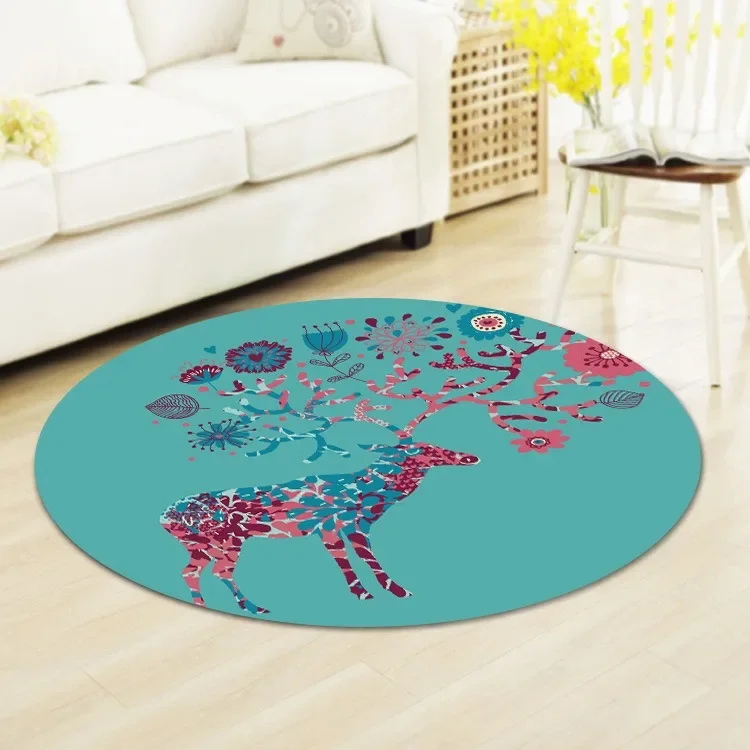 Round Rug with Artistic Floral Deer – Nordic Style Soft Durable Floor Decor for Bedroom & Reading Nook