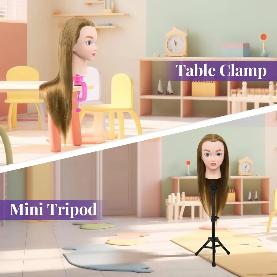 رأس مانيكين للتجميل مقاس 20 بوصة مع حامل ثلاثي القوائم للشعر وتدريبات تصفيف الشعر وممارسة التضفير التعليمية المثالية T