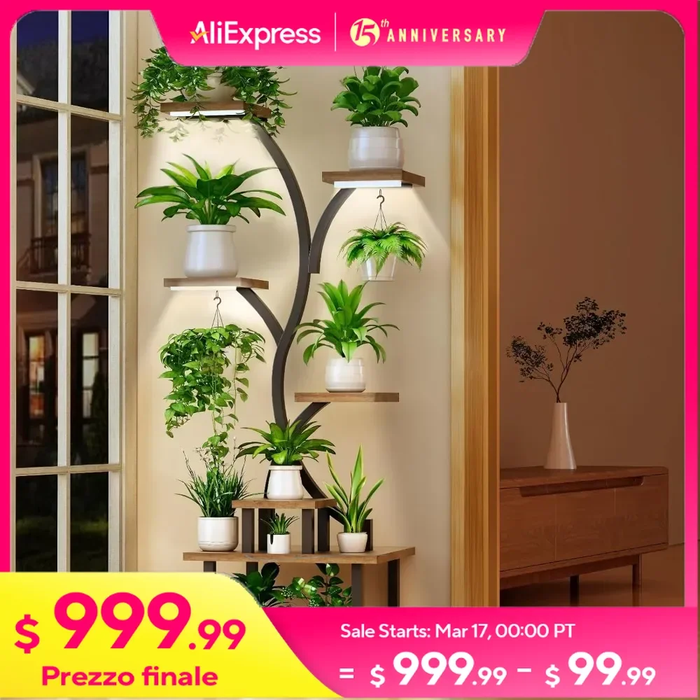 7 Tiered Indoor Plant Shelf with Grow Lights, Tall Plant Stands for Indoor Plants Multiple, 62.8