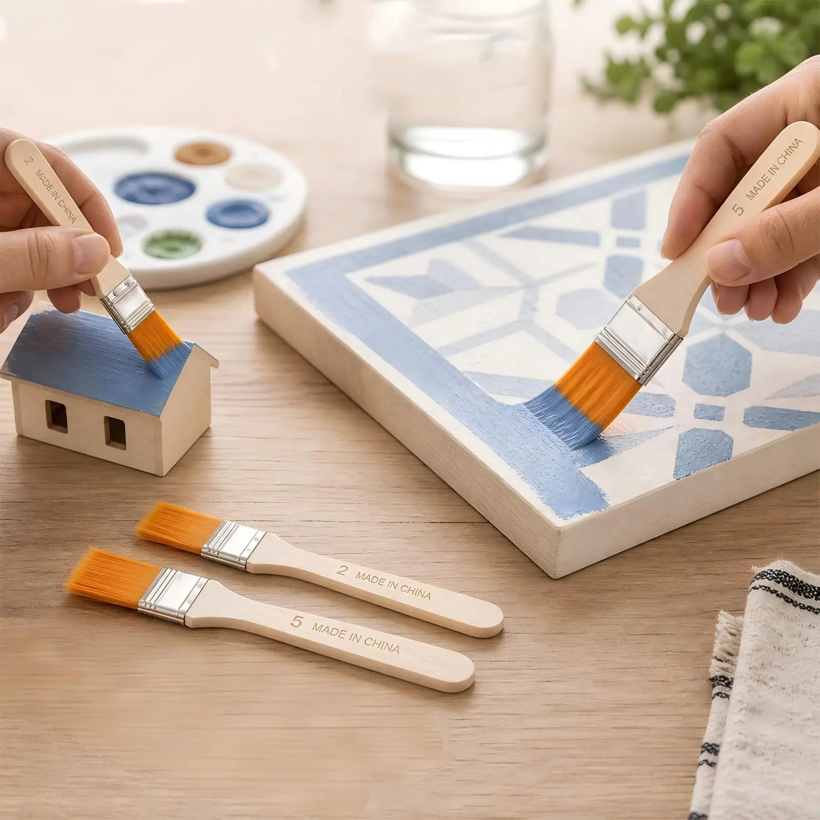 Nylon Paint Brush Set, 5PCS Flat Brushes with Wooden Handles for Art, Crafts, Furniture and Touch-Up Painting, Multiple uses