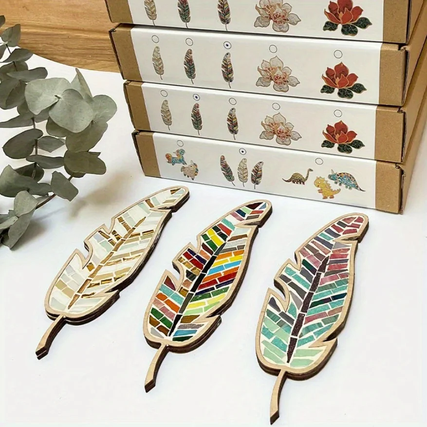 DIY Colorful Feather Wooden Acrylic Handmade DIY Coasters Student Leaf Mosaic Handwork Christmas Tree Ornaments Chritsmas Gift