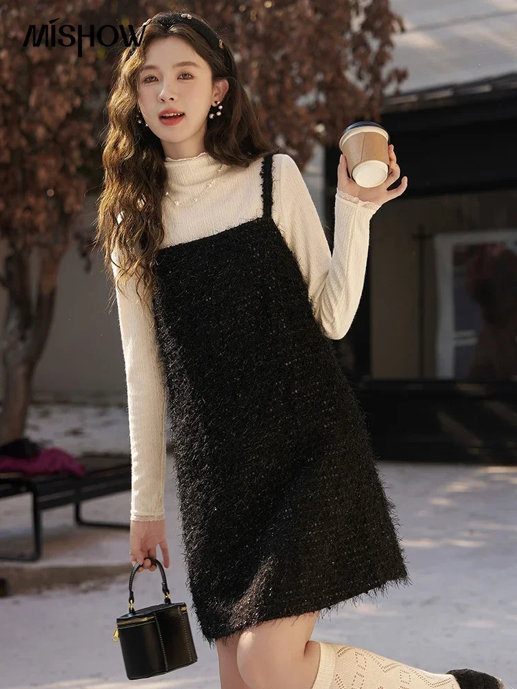 

MISHOW Black Slip Woolen Dress Women Autumn Winter Fashion Tweed Loose Spaghetti Strap Knee-length Vest Dresses Woman MXC58L1622