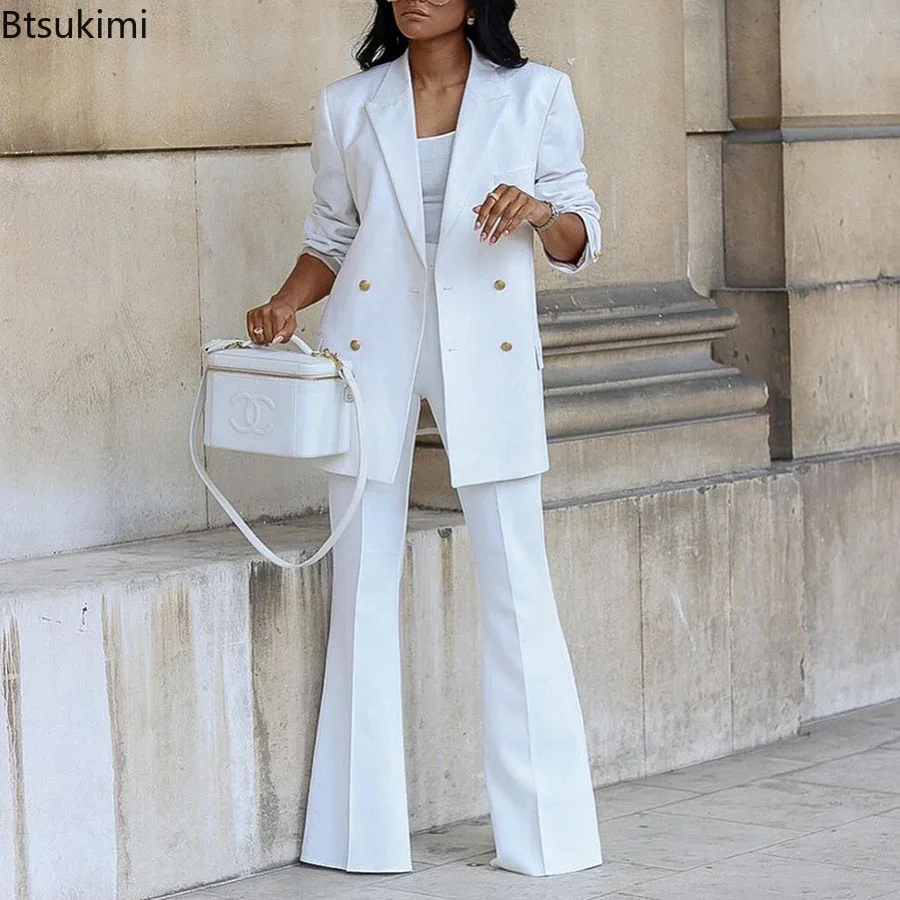 Conjunto de dos piezas para mujer, traje de Blazer liso con doble botonadura y pantalones acampanados rectos, 2024