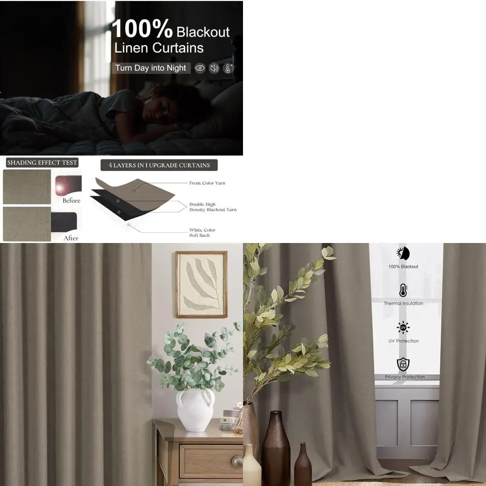 

Коричневые льняные термоизолированные 108-длинные шторы для гостиной, блокирующие свет, 2 панели, земляной тон, шумоподавление и тепло, 9f