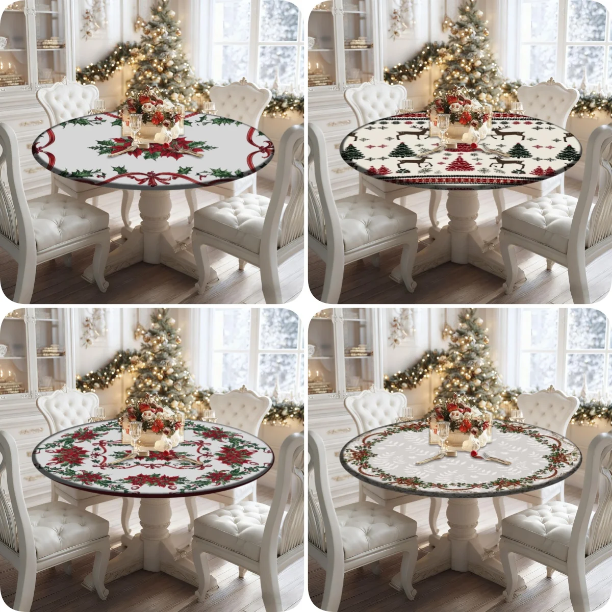 

1PC Santa Claus Printed Elastic Table Cover Christmas Round Table Cloth Waterproof and Wash Free Tablecloth for Kitchen