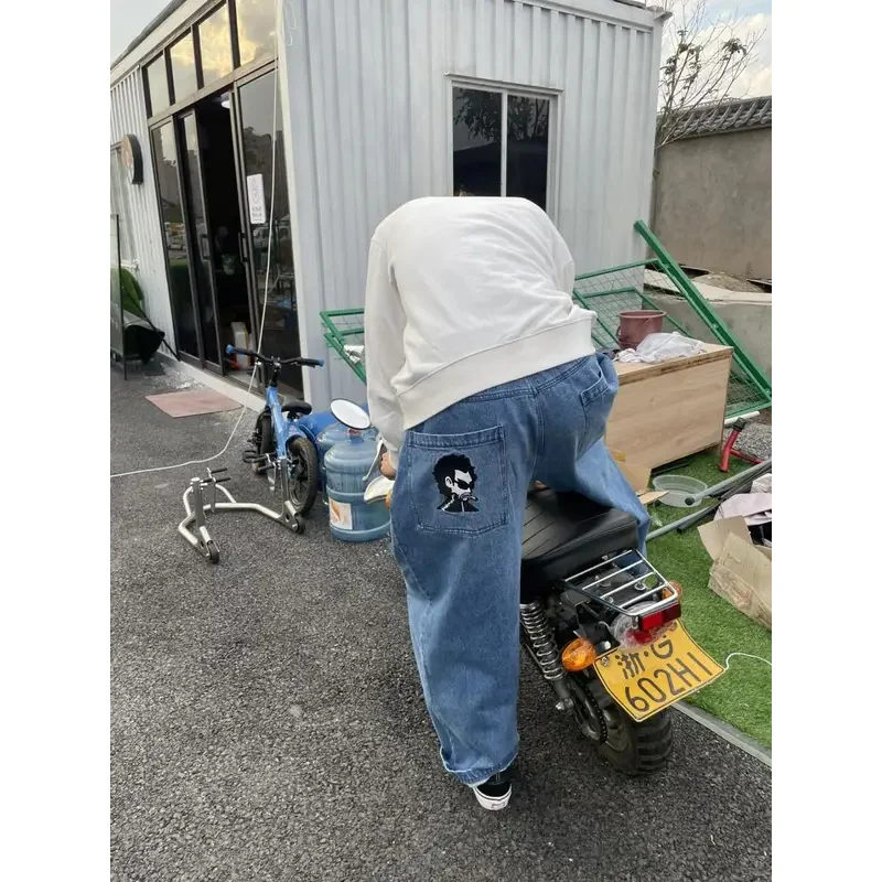 

2023 Korean Fashion New Fashion Print Y2k Men High Street Vintage Hip Hop Denim Pants Casual Straight Wide Leg Jeans for Men
