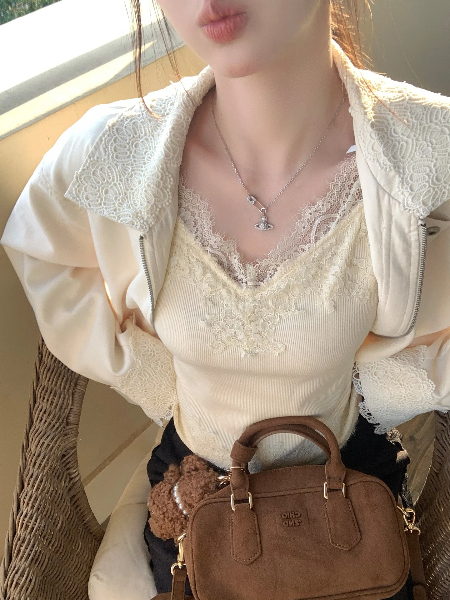 

Белый ort Jaet Collar Design Sensation Prure Flower Ранняя осень High nce Одинаковая маленькая верхняя одежда Cro