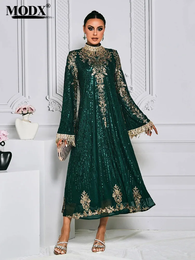 

[MODX] Saudi Arabia Long Round Neck Long Sleeved Loose Sequined Evening Dress For Women