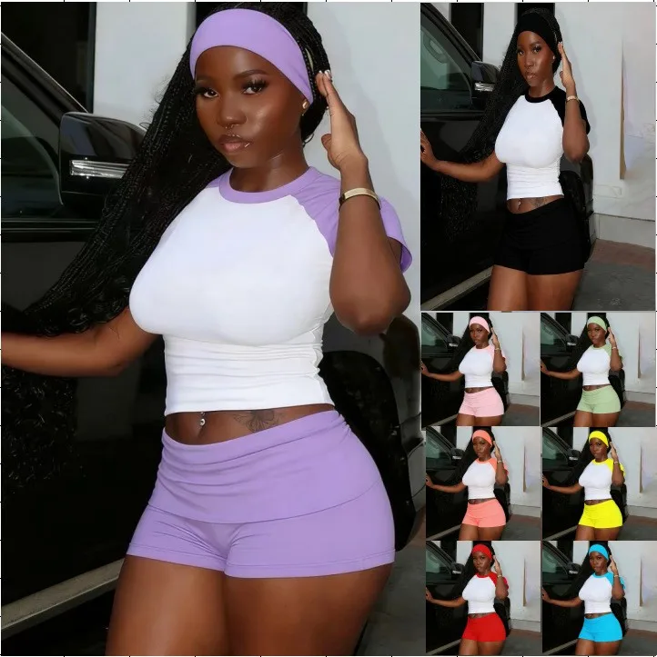 

Summer Women's Clothing Raglan Color Block Casual Activewear Set Short Sleeve Top Solid Three Quarter Length Shorts Headband