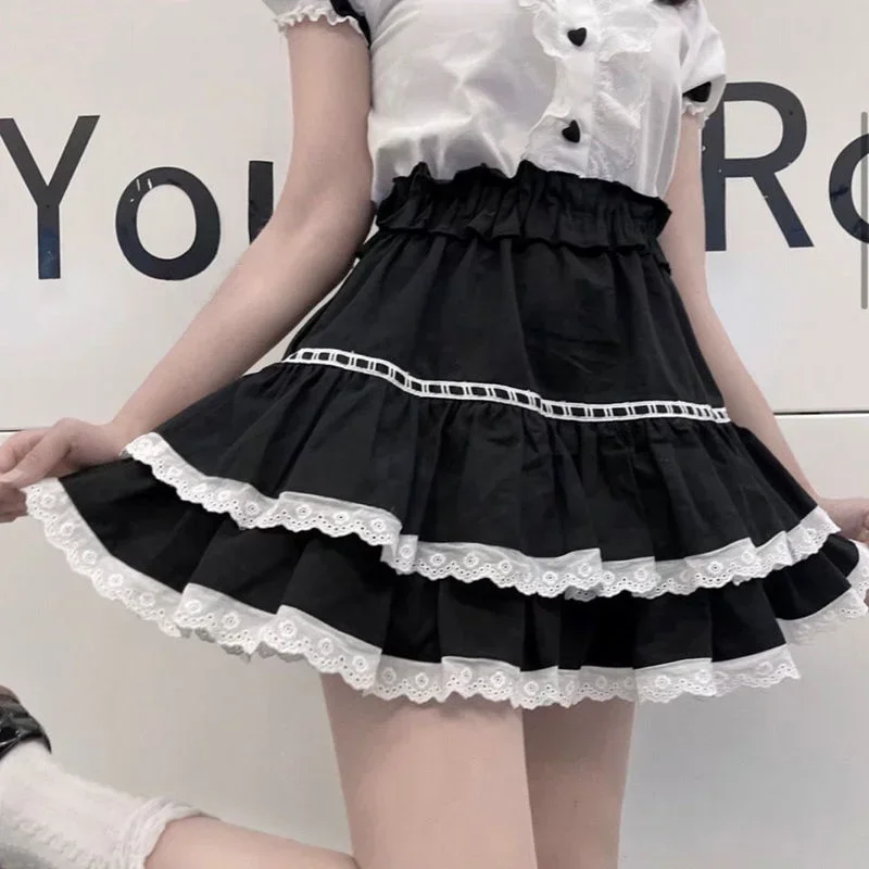 

Japanese Kawaii Mini Skirts Women Lace Bow Patchwork Cute Girl Black High Waist Lolita Skirt 2023 Summer Harajuku Streetwear Y2k